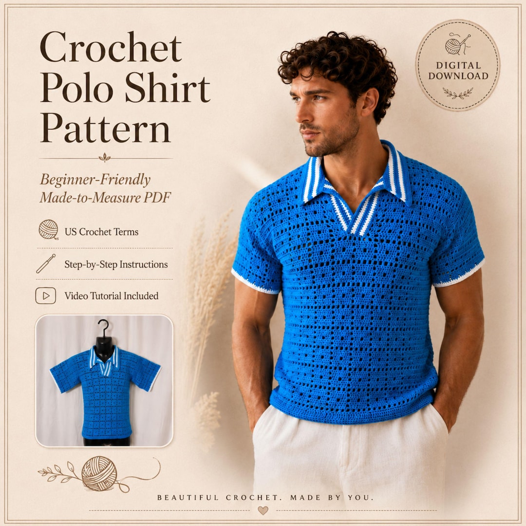 Crochet Polo Shirt Pattern PDF, Men’s Crochet Polo Shirt, Made to ...