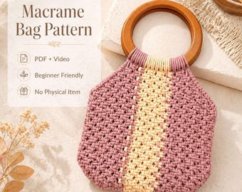 Macrame Bag Pattern PDF, Beginner Wooden Handle Purse Tutorial, Small Boho Macrame Bag DIY, Video Instant Download