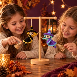 May include: Two crocheted witch ornaments hanging from a light-colored wooden T-shaped stand. One witch wears a black and yellow outfit with a matching hat, while the other wears a purple and blue outfit with a matching hat. Both hold small brooms.