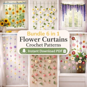 6 in 1 Flower Curtain Crochet Patterns Bundle, Window Hanging Garland PDF, Daisy Sunflower Rose Crochet, Instant Download