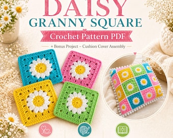 Daisy Granny Square Crochet Pattern PDF + Video Tutorial, Bonus Cushion Cover Pattern, Beginner Friendly, Instant Download