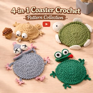 Animal Coaster Crochet Pattern Bundle PDF, Frog Turtle Squirrel Mouse, Amigurumi Coasters, Beginner Friendly, Video Tutorial