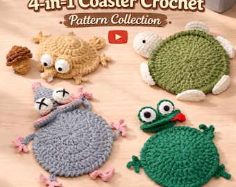 Animal Coaster Crochet Pattern Bundle PDF, Frog Turtle Squirrel Mouse, Amigurumi Coasters, Beginner Friendly, Video Tutorial