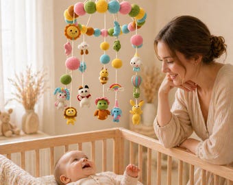 Baby Mobile Crochet Pattern PDF, Amigurumi Crib Mobile Pattern, Nursery Mobile Crochet PDF, Sun Moon Rainbow Animals, Instant Download