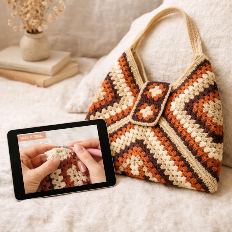 Crochet Tote Bag Pattern PDF + Video Tutorial, Granny Square Bag Pattern, Beginner Crochet Bag, Boho Crochet Bag, Instant Download