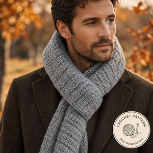 May include: A grey ribbed crochet scarf worn over a dark brown coat. A circular badge in the bottom right corner features a graphic of a ball of yarn and a crochet hook with the text CROCHET PATTERN PDF DOWNLOAD.