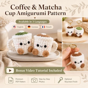 Puede incluir: Un patrón de ganchillo amigurumi para tazas de café y matcha, con tazas de hilo blanco, tapas marrones o verdes, ojos negros y mejillas rosadas. Incluye un patrón en PDF, fotos paso a paso y un tutorial en vídeo adicional para llaveros.