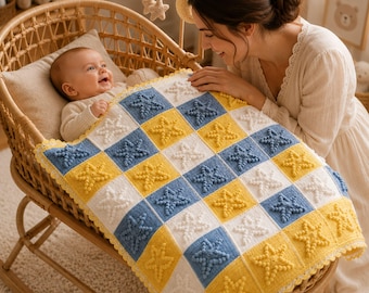 Crochet Baby Blanket Pattern PDF, Star Motif Blanket Crochet Pattern, Bobble Stitch Baby Blanket, Video Tutorial, Digital Download
