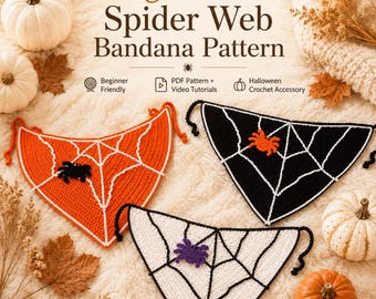 Crochet Spider Web Bandana Pattern PDF, Halloween Crochet Head Scarf, Beginner Friendly, Video Tutorial, Spider Applique