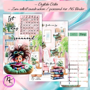 Könnte beinhalten: Digitale A6-Ordnerseiten zum Ausdrucken mit einem skurrilen Design. Die Seiten zeigen Illustrationen eines lesenden Mädchens, eines rosa Sessels und eines Bücherregals. Der Text enthält "Ist das spannend..." und einen Spar-Tracker.