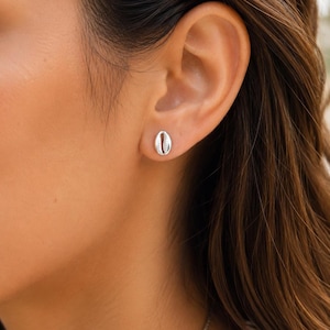 Shell Earrings, Natural Cowrie Design in 925 Sterling Silver | 4 Finish Options