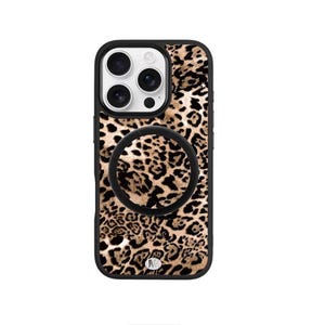 May include: A black and tan leopard print phone case with a black ring holder. The case has a black border and a camera cutout. The ring holder is centered on the back of the case.