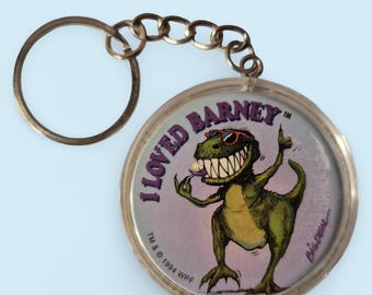 Vintage POG T-Rex I loved Barney - 1994| Two sided Keychain/Keyring| 90s Retro Nostalgia Accessory