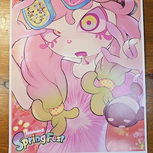 May include: A vibrant poster for Splatoon 3's Spring Fest, featuring a cartoon character with pink and yellow hair, wearing blue sunglasses. The character has a light pink complexion and is surrounded by floral elements. The poster's title is in a stylized font.