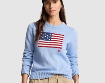 Authentic Polo Ralph Lauren Flag Crewneck Sweater | American USA Knit Designer Preppy Pullover