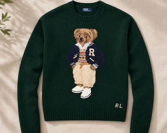 Vintage Polo Ralph Lauren Bear Knit Sweater in Green Wool