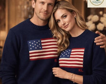 Authentic Polo Ralph Lauren Flag Crewneck Sweater | American USA Knit Designer Preppy Pullover