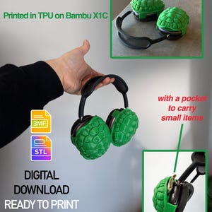 May include: Green 3D-printed headphones with a textured design, held against a light background. The headphones have a black headband and ear cups. The image includes text that says "DIGITAL DOWNLOAD READY TO PRINT" and "with a pocket to carry small items."