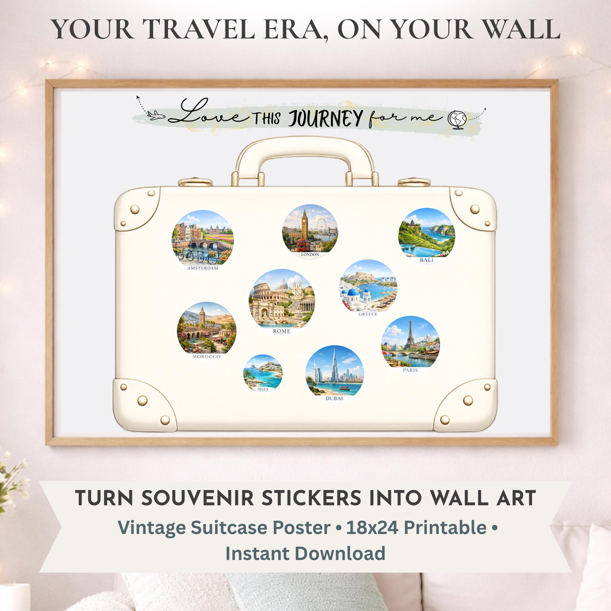 Vintage Suitcase Travel Poster | World Map Sticker Display (digital ...