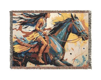 Native American Indian Rider Abstract Artwork on a Woven Throw Blanket giftin g