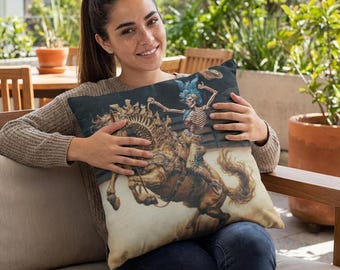 Skeleton Ro deo Bucking Horse and Cowboy Outdoor Pillow | Western Skull Ro deo Throw Pillow giftin g
