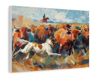 Cattle Drive Cow Dog Western Matte Canvas Wall Art gif te