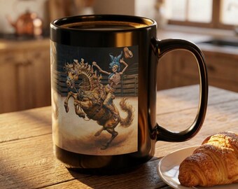 15oz Black Mug  Skeleton Ro deo Bucking Horse & Cowboy Coffee Cup Mug giftin g
