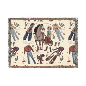 Dude Ranch Paper Doll Cut-Out Woven Blanket | Western Throw, Vintage Toy Art