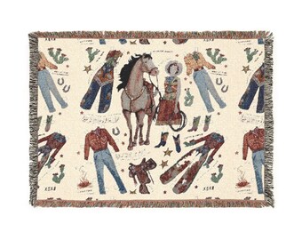 Dude Ranch Paper Doll Cut-Out Woven Blanket | Western Throw, Vintage Toy Art