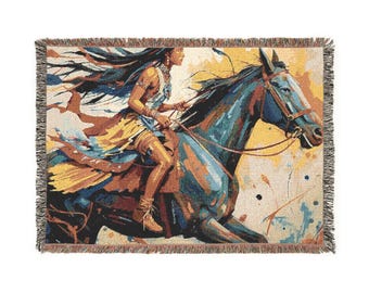 Native American Rider Abstract Artwork on a Woven Throw Blanket giftin g