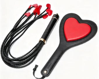 Conjunto de paleta y látigo con forma de corazón, kit de azotes BDSM, paleta de cuero con diseño de corazón, látigo de múltiples colas, conjunto de juegos íntimos para parejas