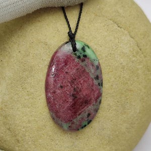 Ruby Zoisite Necklace, Pink Green Gemstone Pendant, Black Cord Jewelry, Handcrafted Gemstone Necklace, Adjustable Cord Necklace