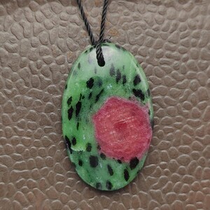 Ruby Zoisite Pendant Necklace, Polished Oval Stone, Gemstone Jewelry, Handcrafted Gemstone Necklace, Adjustable Silk Cord Necklace