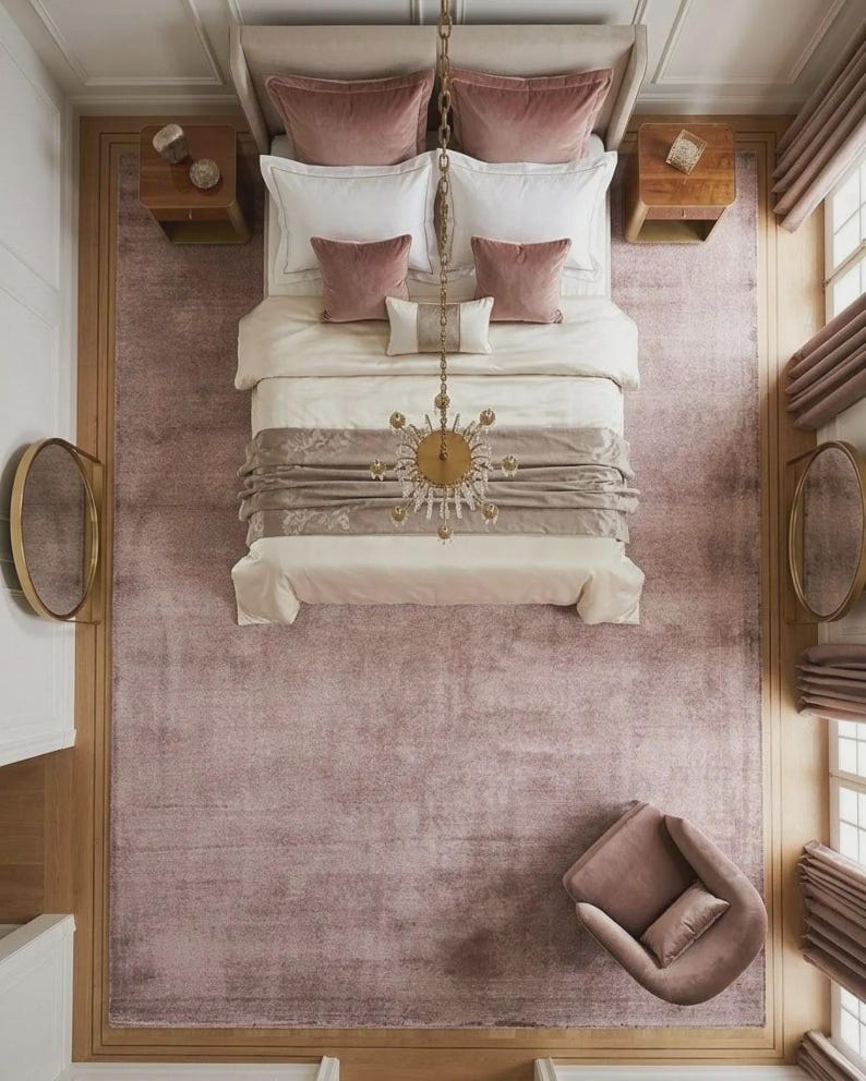Puede incluir: Vista a&eacute;rea de un dormitorio con una gran alfombra rosa empolvado. La cama tiene ropa de cama blanca, almohadas rosa empolvado y una colcha decorativa. Dos mesitas de noche de madera flanquean la cama. Una l&aacute;mpara de ara&ntilde;a cuelga sobre la cama. Una silla a juego est&aacute; en la esquina.