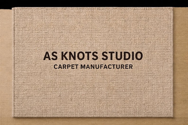 Pu&ograve; includere: Un tappeto rettangolare beige con una superficie strutturata. Il testo "AS KNOTS STUDIO CARPET MANUFACTURER" &egrave; stampato in marrone scuro. Il tappeto &egrave; posizionato su una superficie di legno marrone chiaro.