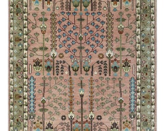 Tappeto Albero della Vita, tappeto in lana neozelandese annodato a mano, tappeto in stile persiano rosa, tappeto floreale fatto a mano, tappeto da giardino vintage