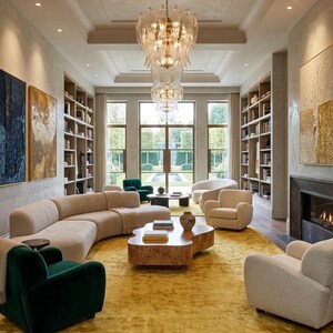 May include: A luxurious living room featuring a large, curved beige sofa, two green armchairs, and two cream-colored armchairs. A large, ornate chandelier hangs above a yellow rug. Bookshelves line the walls, and large windows offer a view of the outdoors.