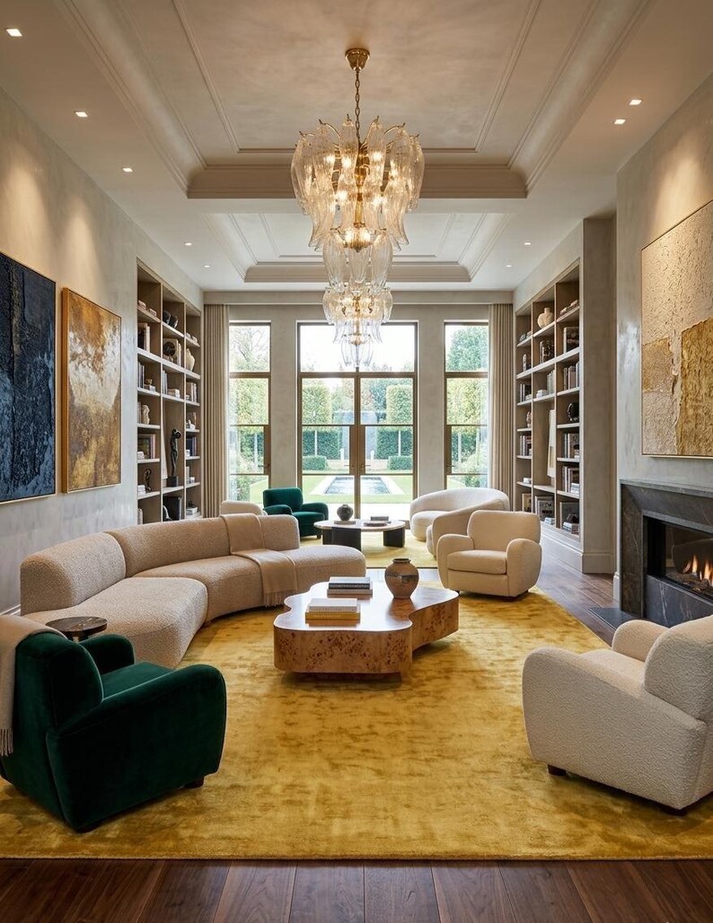 May include: A luxurious living room featuring a large, curved beige sofa, two green armchairs, and two cream-colored armchairs. A large, ornate chandelier hangs above a yellow rug. Bookshelves line the walls, and large windows offer a view of the outdoors.