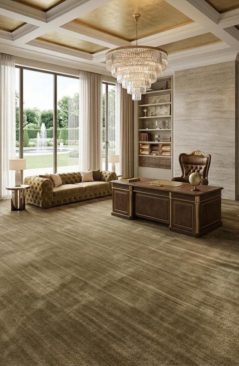 Pu&ograve; includere: Un elegante ufficio con un grande lampadario di cristallo a pi&ugrave; livelli, un divano trapuntato e una grande scrivania in legno con dettagli dorati. La stanza ha grandi finestre che si affacciano su un giardino e una libreria a muro.