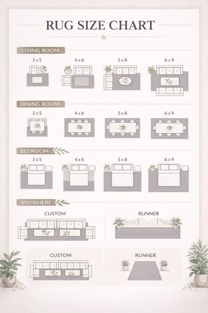 Pu&ograve; includere: Un grafico delle dimensioni dei tappeti con diagrammi per soggiorni, sale da pranzo e camere da letto. Il grafico mostra dimensioni di tappeti come 3x5, 4x6, 5x8 e 6x9 piedi, insieme a opzioni di tappeti personalizzati e runner. Il testo "RUG SIZE CHART" &egrave; in alto.