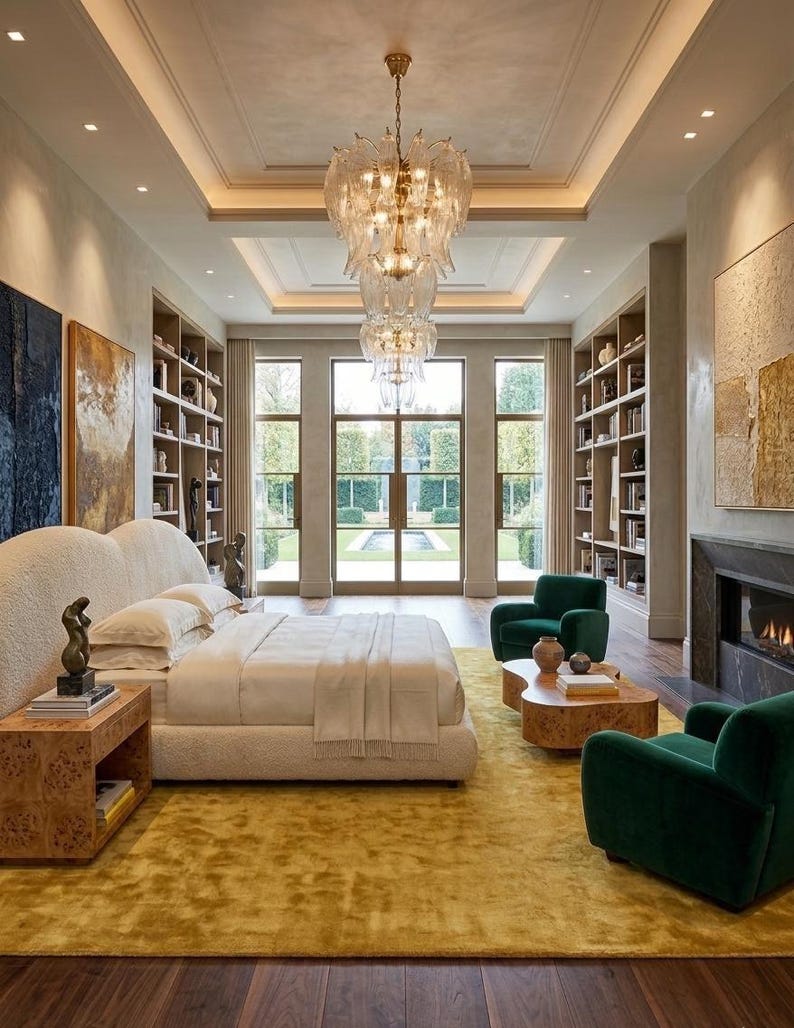 May include: A luxurious bedroom with a large bed, a yellow rug, and two green armchairs. A large chandelier hangs from the ceiling. Bookshelves and artwork adorn the walls. The room has a fireplace and large windows.