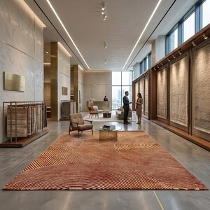 Op de afbeelding: Een ruime showroom met een groot, roestkleurig tapijt met een golfpatroon. De kamer heeft neutrale muren, messing accenten en een display van tapijten aan de rechterkant. Twee mensen praten bij het raam en er is een zithoek zichtbaar.