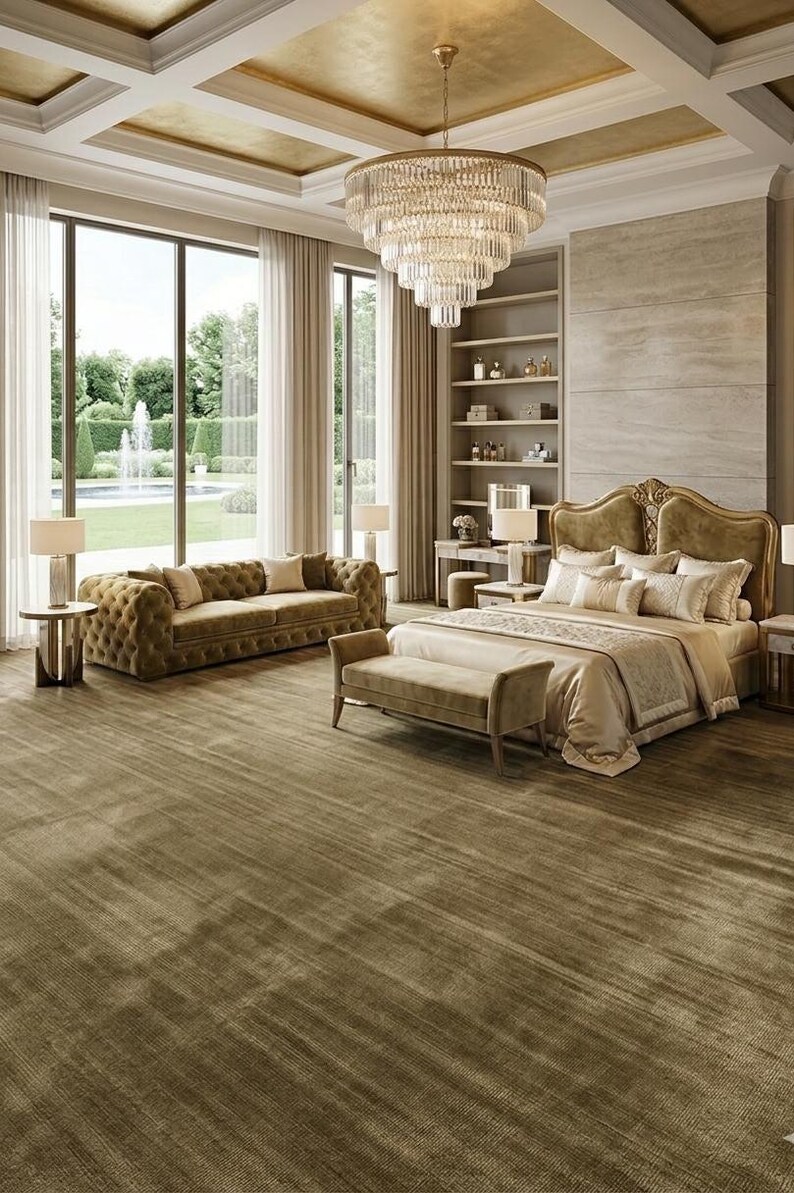 Pu&ograve; includere: Una lussuosa camera da letto con un letto grande, un divano e una panca nei toni dell'oro e del beige. Un grande lampadario pende dal soffitto e ampie finestre offrono una vista sull'esterno. La stanza ha un tappeto morbido.