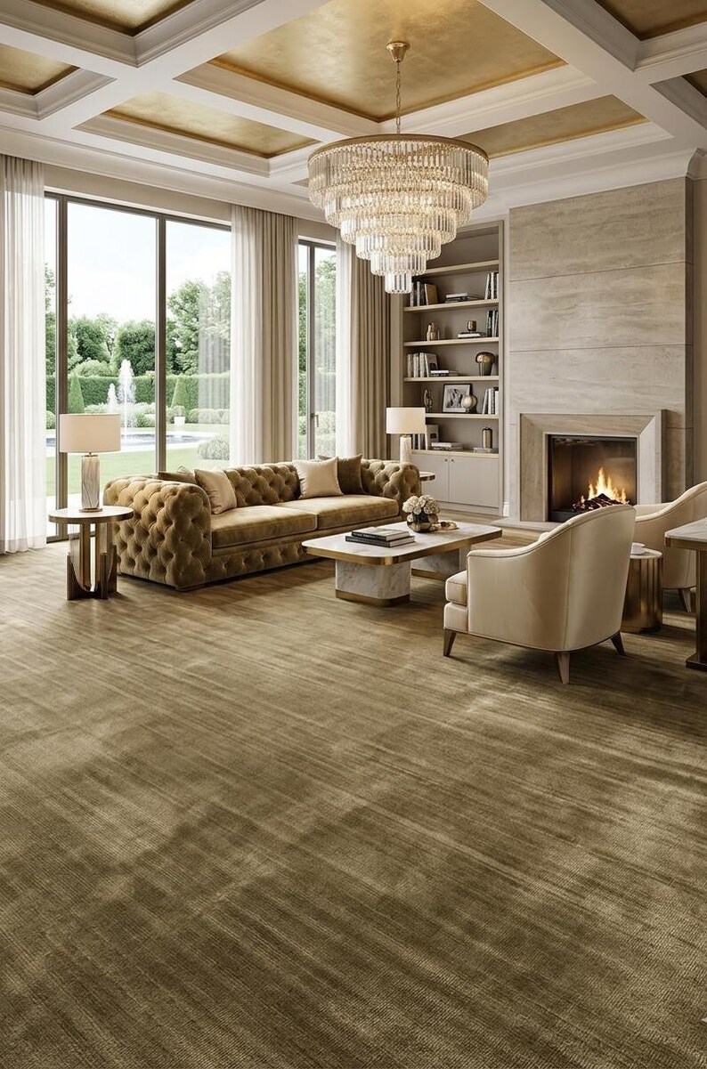 Pu&ograve; includere: Un lussuoso soggiorno con un divano verde oliva trapuntato, poltrone e un tavolino. Un grande lampadario di cristallo pende dal soffitto dorato. La stanza &egrave; dotata di camino, librerie e ampie finestre.