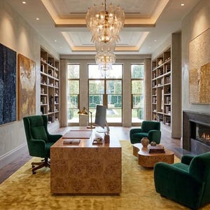 May include: An elegant home office featuring a large wooden desk, green velvet chairs, and a yellow rug. A large chandelier hangs from the ceiling, and bookshelves line the walls. Artwork and a fireplace add to the room's luxurious feel.