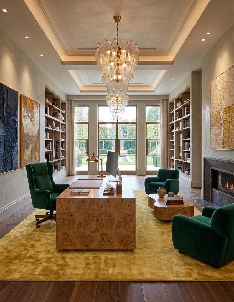 May include: An elegant home office featuring a large wooden desk, green velvet chairs, and a yellow rug. A large chandelier hangs from the ceiling, and bookshelves line the walls. Artwork and a fireplace add to the room's luxurious feel.