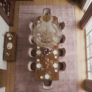 Puede incluir: Vista a&eacute;rea de un comedor formal. Una gran mesa rectangular de madera est&aacute; puesta con platos blancos y cristaler&iacute;a. Sillas rosas tapizadas rodean la mesa, que est&aacute; centrada en una gran alfombra malva. Una l&aacute;mpara de ara&ntilde;a de cristal cuelga encima.