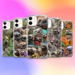 May include: A collection of clear phone cases featuring various images of sloths. The cases display a collage of sloth faces, some holding flowers or fruit, set against a colorful background. The cases are designed to fit a smartphone.