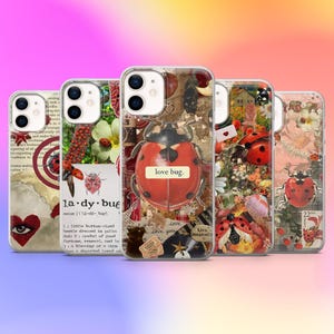 May include: Five clear phone cases with various designs featuring ladybugs, flowers, and vintage ephemera. One case has a large red ladybug with the text "love bug." Other cases have collages with text and heart motifs.