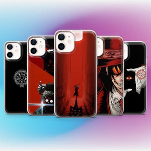 May include: A collection of five phone cases with various anime-style illustrations. The cases feature bold colors, including red, black, and white, with detailed character designs and graphic elements. The cases are designed for a smartphone.